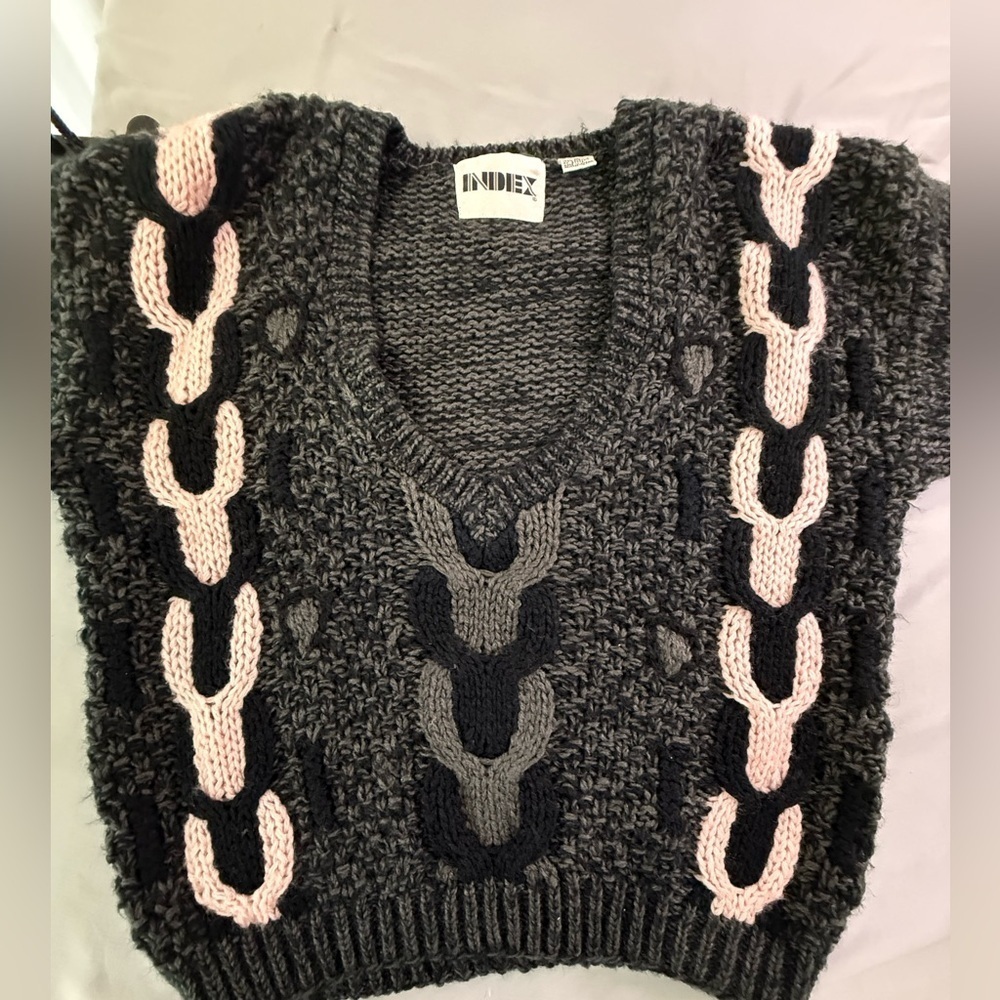 Vintage INDEX 80’s Chunky Cable Knit Gray N Pink Sweater Women’s Size Large Warm - Picture 10 of 12